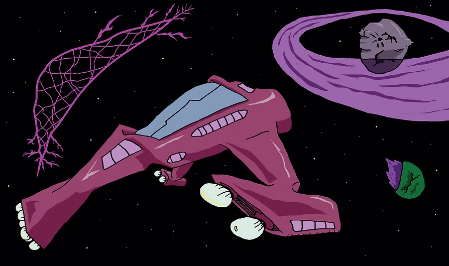 Spacecraft traveling through nebulous clouds